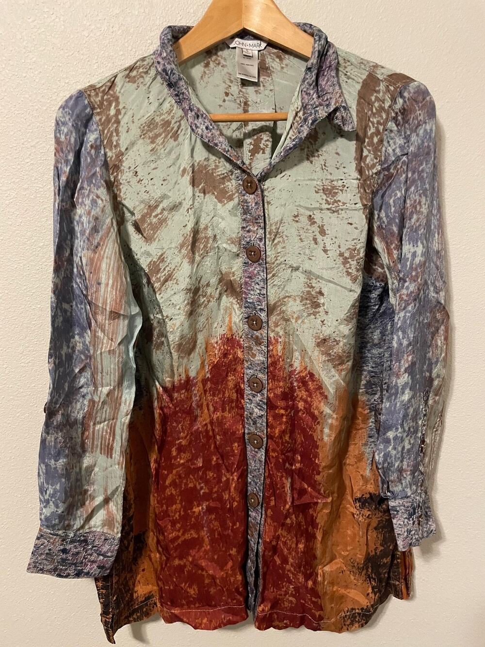 John Mark Tunic Top Womens Small Multicolor Colorblock Button Up Boho Artsy